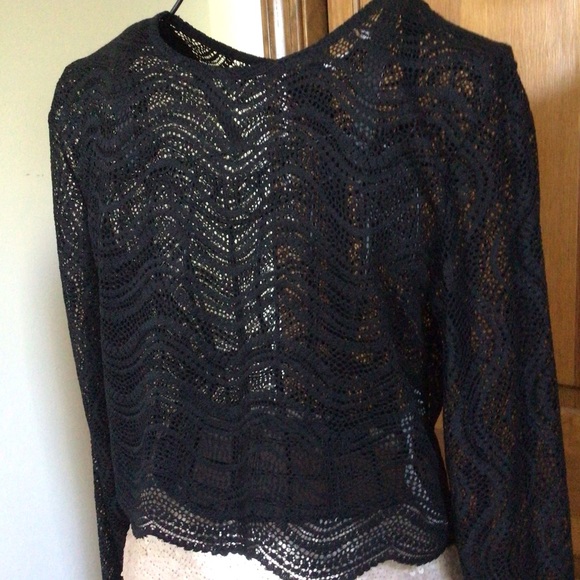 Zara Long sleeve scalloped hem lace top, black, large, NWTGS - Picture 2 of 8